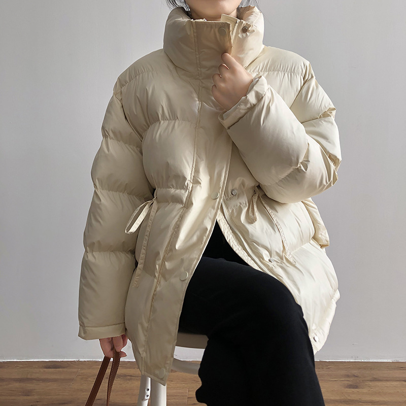 Womens Down Parkas Standup Collar Cotton Clothes Womens Winter Loose Bread Clothes Warm Waist Tie Cotton Clothes Womens Casual 220902wtt