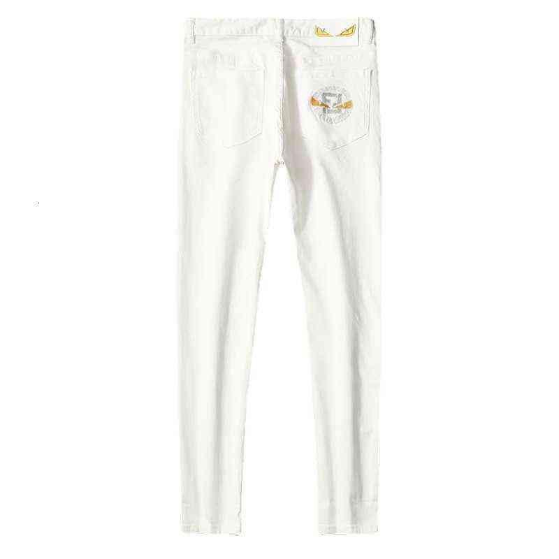 and Spring Summer White Embroidered Jeans Men's Fashion Elastic Slim Fit Feet