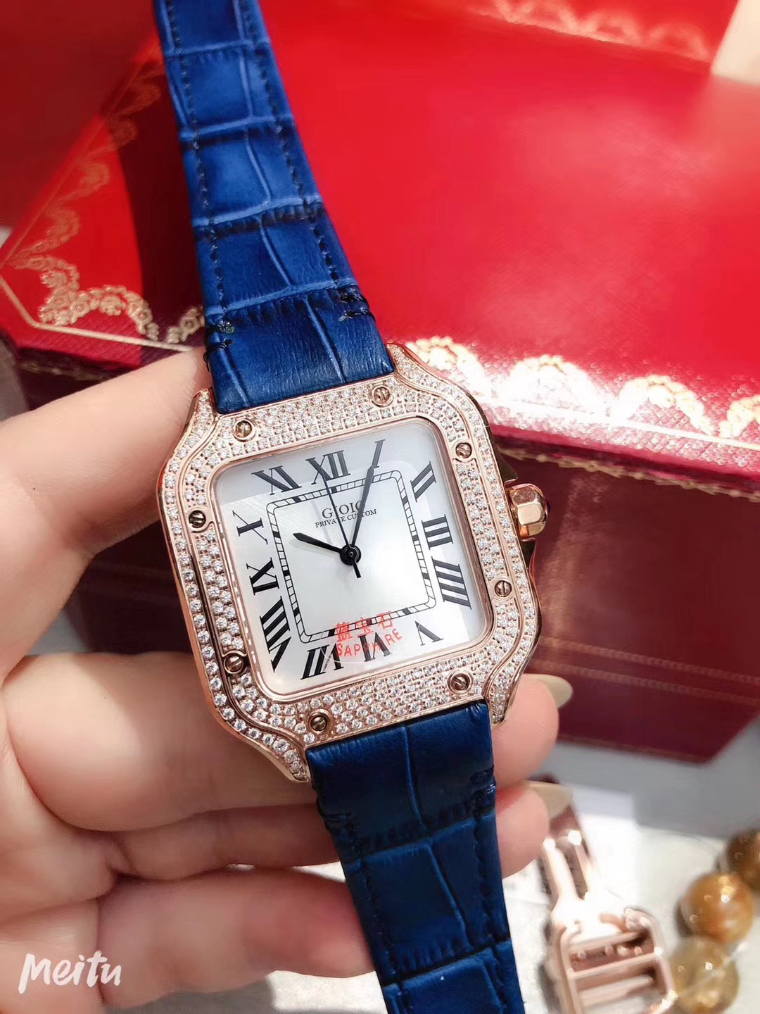Men watch Rose Gold Diamond Black Blue Brown Leather Quartz Rome Watch
