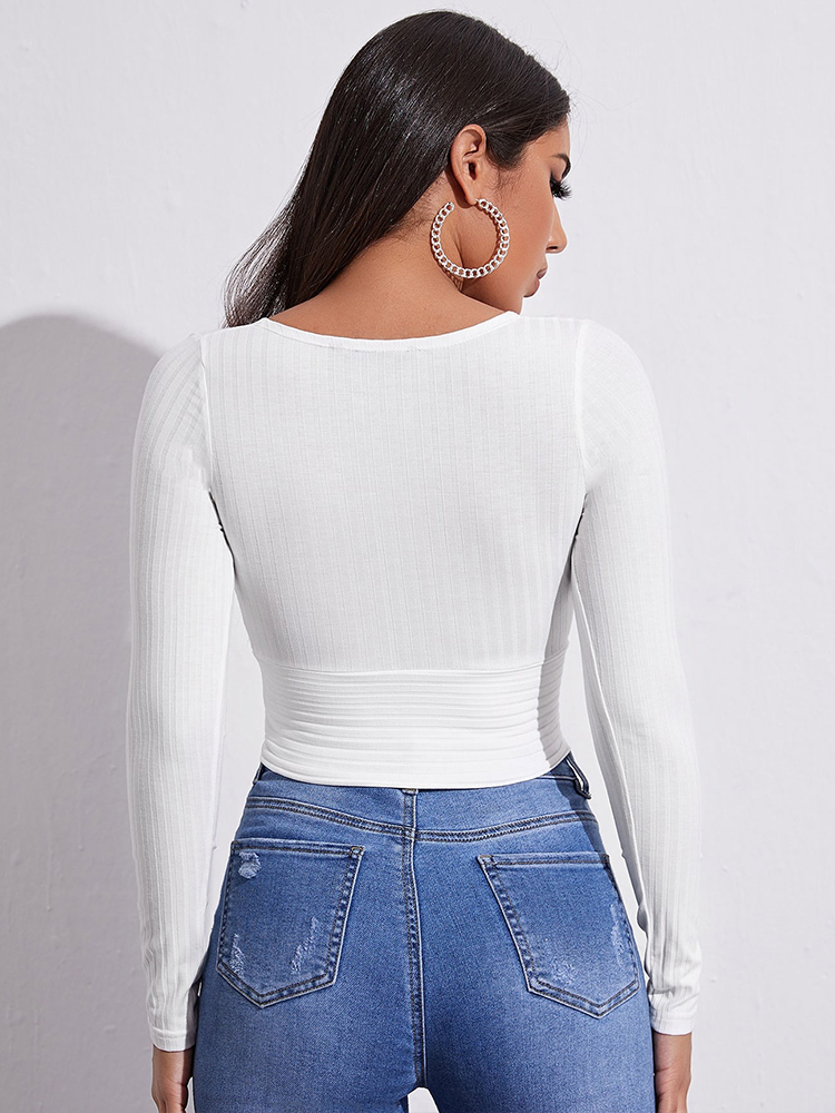 Womens T Shirt Women Casual Solid Long Sleeve Crop Tshirt Fashion VCollar Bare Midriff Stretch Tops Ribbed Knitted Elastic Slim Skinny Tees 220902