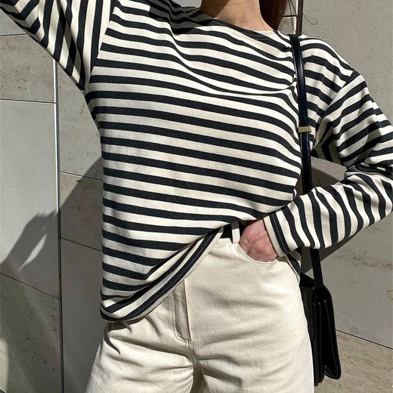 Womens T Shirt WOTWOY Autumn Long Sleeve Loose Striped Tshirt Women Casual Cotton Basic Tee Shirt Female Knitted Tops Harajuku Gothic 220902