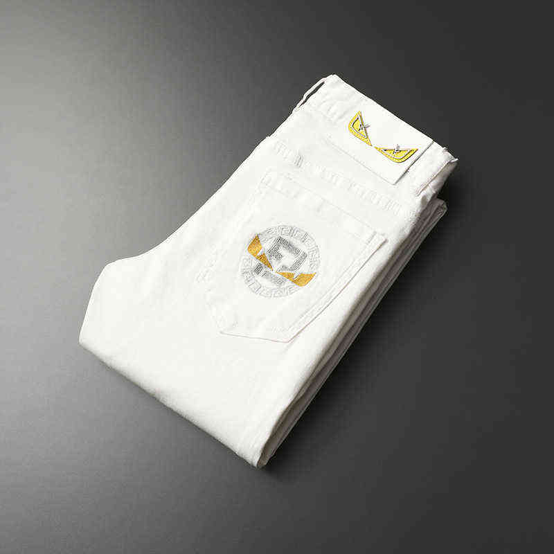 and Spring Summer White Embroidered Jeans Men's Fashion Elastic Slim Fit Feet