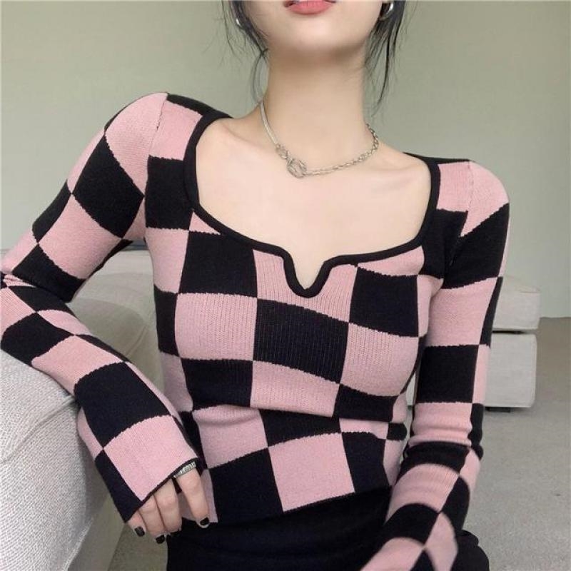 Womens T Shirt Tonngirls Knitted T Shirt Women Clothing Pink Plaid Square Collar Ladies Tops Long Sleeve Korean Slim Skinny Cropped Tees 220902