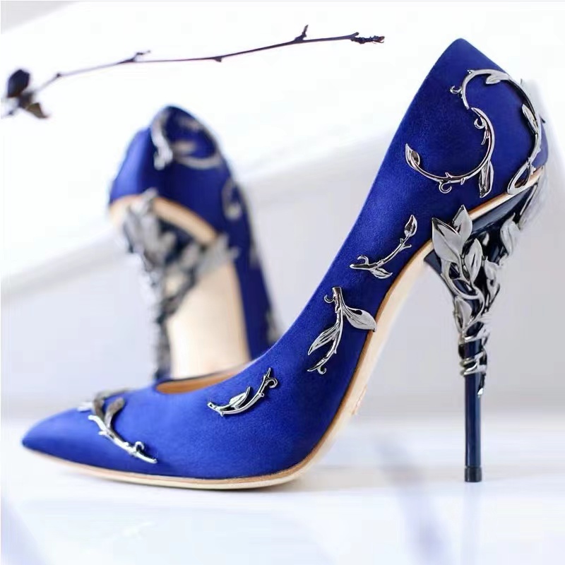 Elegant Women's Shoes Fashion Metal Flower Stiletto High Heel Bride Wedding Party Shoe Ladies Pointed Toe Satin Pumps