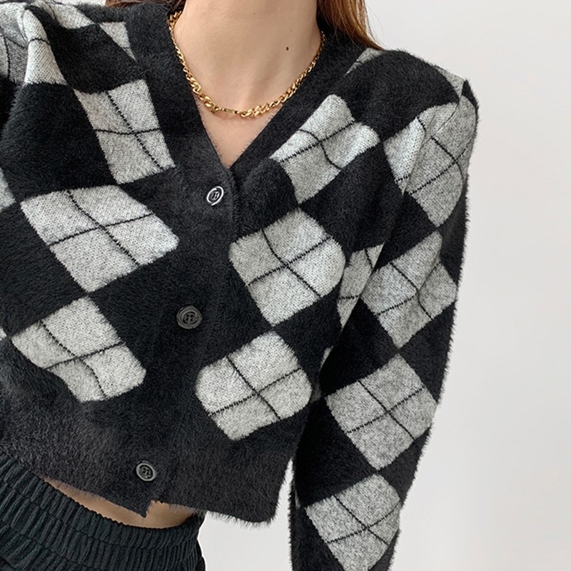 Womens T Shirt Tonngirls Preppy Style Cardigan Women Long Sleeve Knitted Cardigan Argyle Cashmere Cardigan Streetwear Black Sweater Winter 220902
