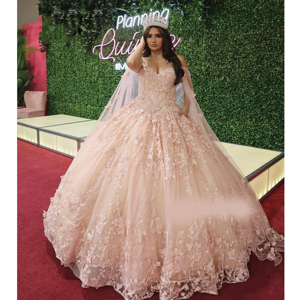 Fuchsia Off Shoulder Princess Quinceanera Dresses with cape Butterfly Lace-Up corset prom Sweet 16 Dress Vestidos De 15 Anos