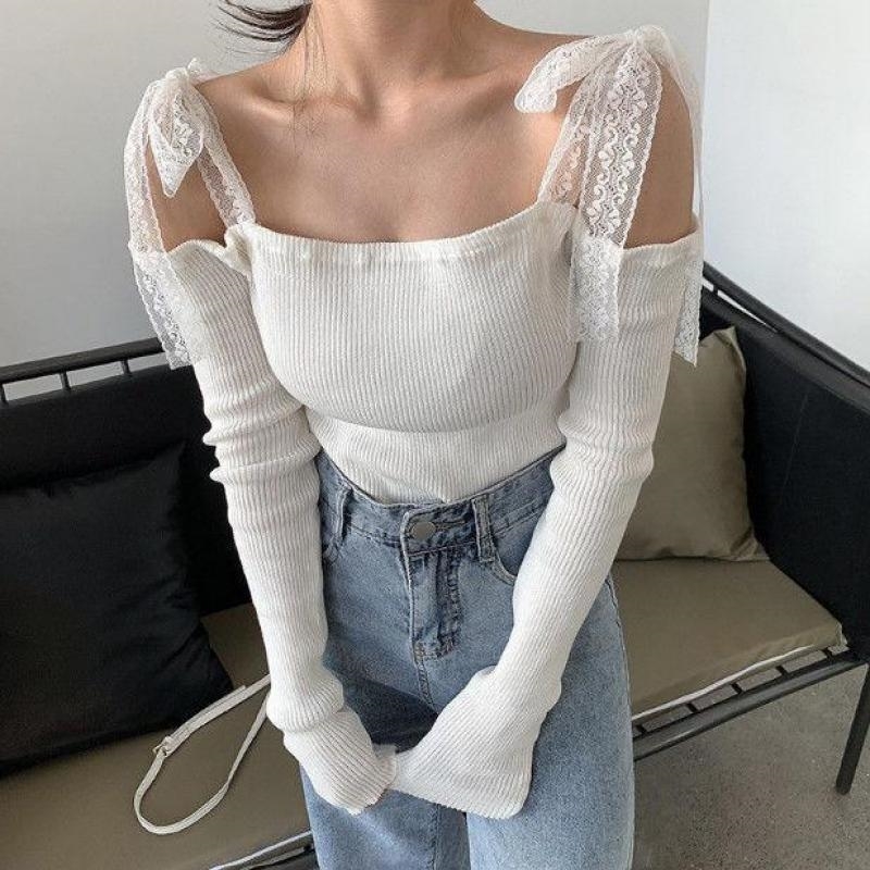 Womens T Shirt Tonngirls Slash Neck Lace Womens T Shirt Sweet Off Shoulder Long Sleeve Crop Tops T Shirt Spring Harajuku Tees Korean 220902