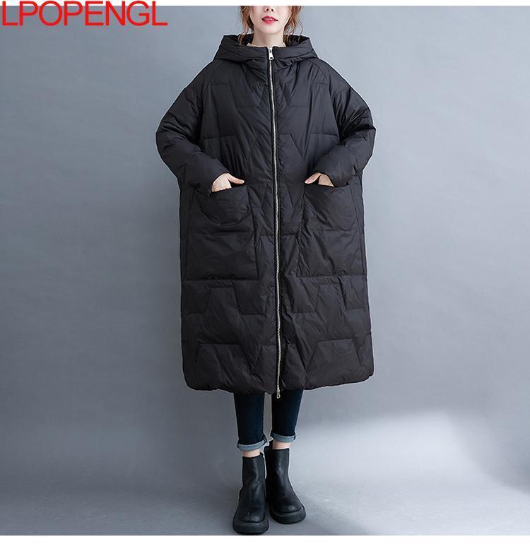 Womens Down Parkas Solid Color Lightweight White Duck Down Jacket Womens Winter Loose Long Overtheknee Cotton Hooded Jacket Trendy 220902