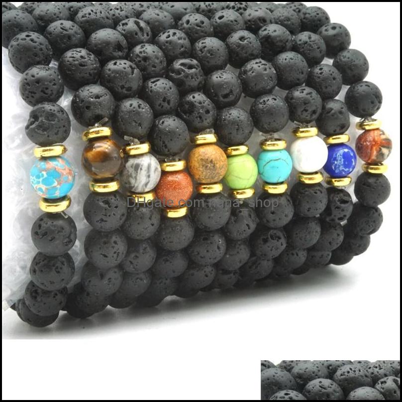 Charm Bracelets Gold Sier 8Mm Black Lava Stone Beaded Bracelet Essential Oil Diffuser Volcanic Rock Hand Strings Drop De Dhseller2010 Dhqtk