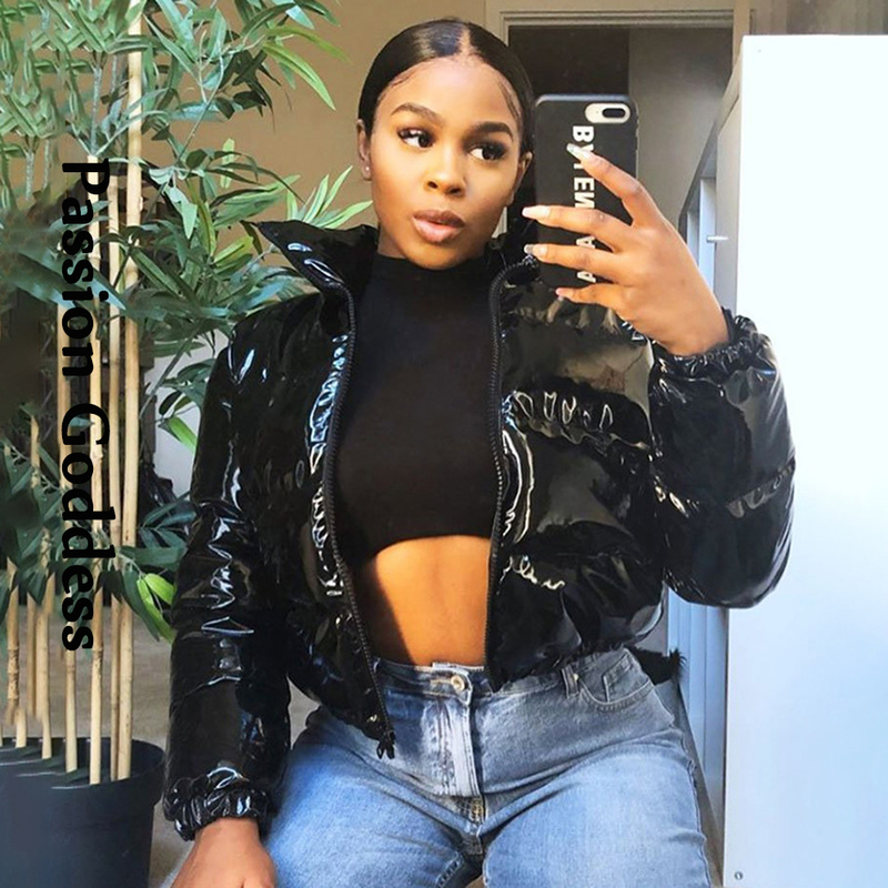 Women's Down Parkas Fashion Cute Women Bright PU Pink Puffer Jacket Winter Warm Bubble Coats Shiny Leather Parkas Down Zipper Cropped Jackets Par