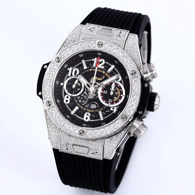 Top quality Silver Iced out watch men automatic ETA mechanical rubber strap luxury 007 watches diamonds bezel Luminous needles chronograph works wristwatches, 03 with box papers