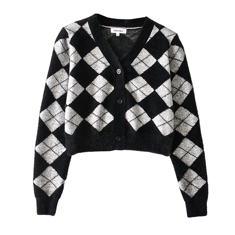 Womens T Shirt Tonngirls Preppy Style Cardigan Women Long Sleeve Knitted Cardigan Argyle Cashmere Cardigan Streetwear Black Sweater Winter 220902