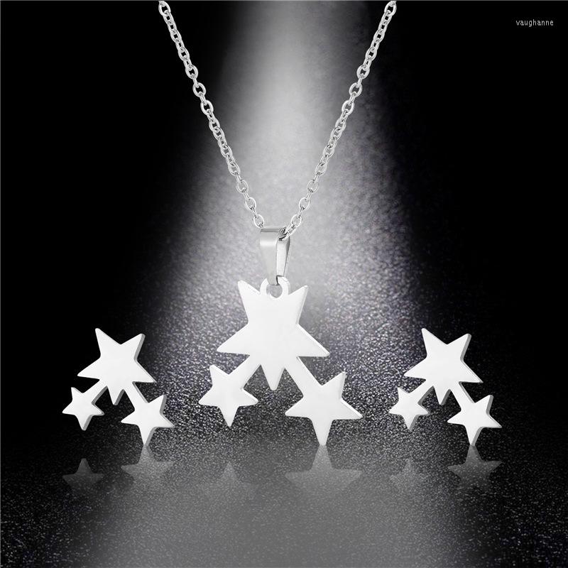 Necklace Earrings Set Three Star Pendant Simple Five-pointed Earring Golden Titanium Steel, Picture shown
Necklace Earrings Set Three Star Pendant Simple Five-pointed Earring Golden Titanium Steel, Picture shown