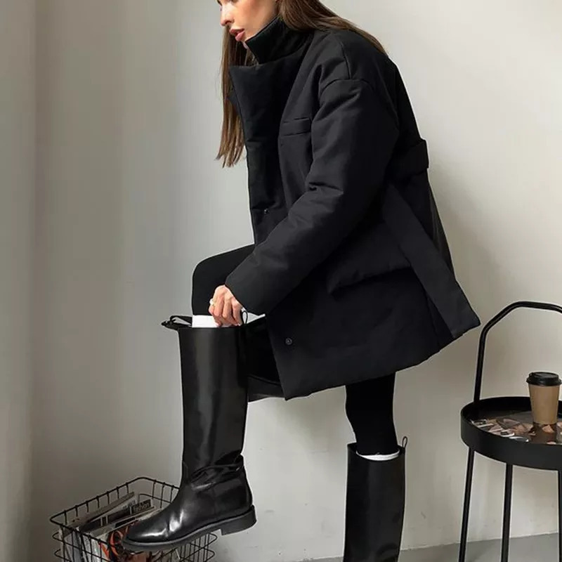 Womens Down Parkas Casual Notched Parkas Women Fashion Tie Belt Solid Black Coats Women Elegant Single Breasted Cotton Jackets Female Ladies traf 2209