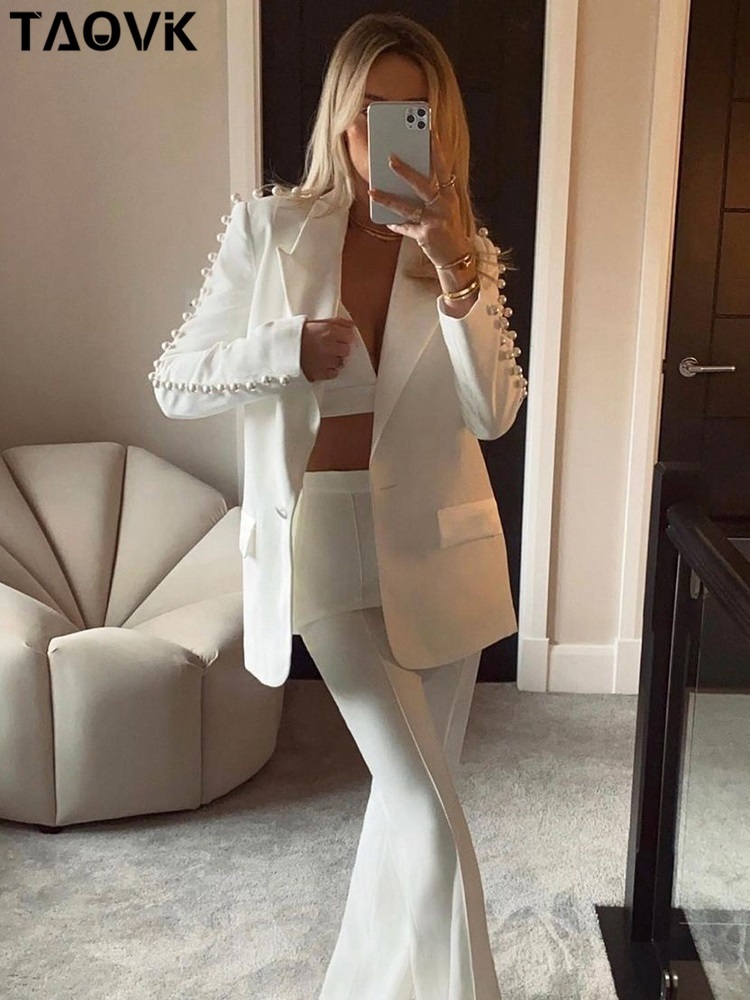 Womens Two Piece Pants TAOVK Womens Blazer Suit Vintage Pearls Beading Jackets with pant Office Outwear Streetwear 2 piece set 220902