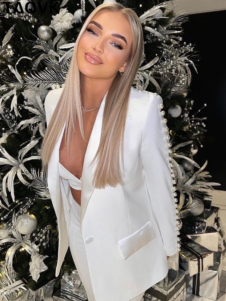 Womens Two Piece Pants TAOVK Womens Blazer Suit Vintage Pearls Beading Jackets with pant Office Outwear Streetwear 2 piece set 220902