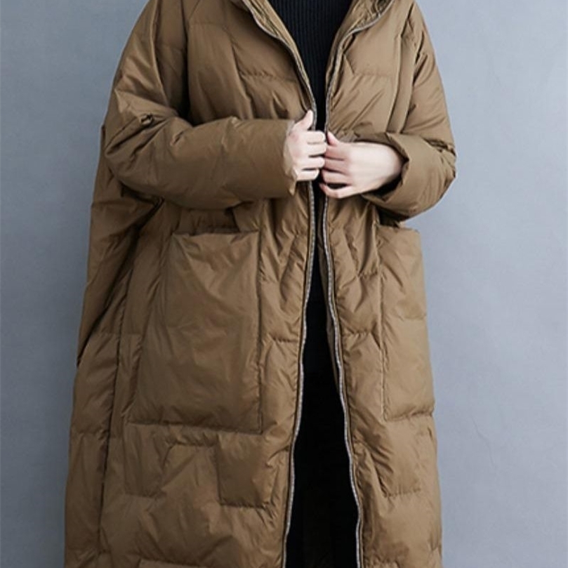 Womens Down Parkas Solid Color Lightweight White Duck Down Jacket Womens Winter Loose Long Overtheknee Cotton Hooded Jacket Trendy 220902