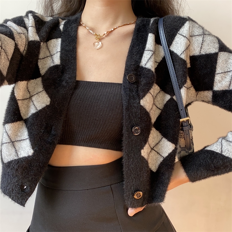 Womens T Shirt Tonngirls Preppy Style Cardigan Women Long Sleeve Knitted Cardigan Argyle Cashmere Cardigan Streetwear Black Sweater Winter 220902