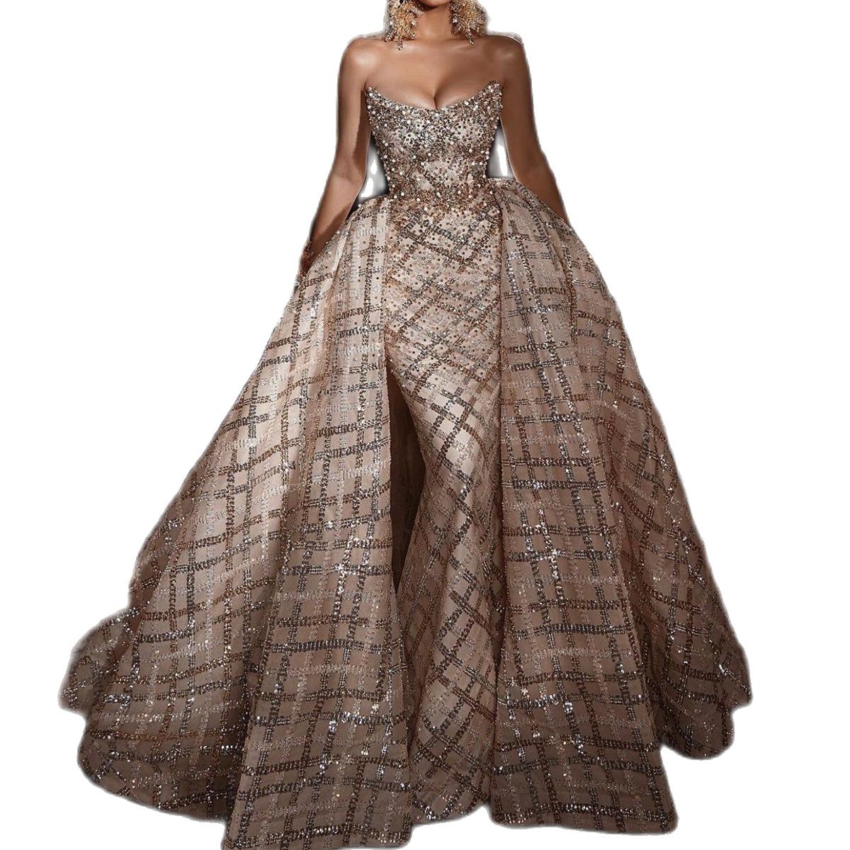 Exquisite Strapless Mermaid Wedding Dress Beads Crystal Lace Arabic Detachable Train Trumpet Bridal Gowns Robe De Soiree