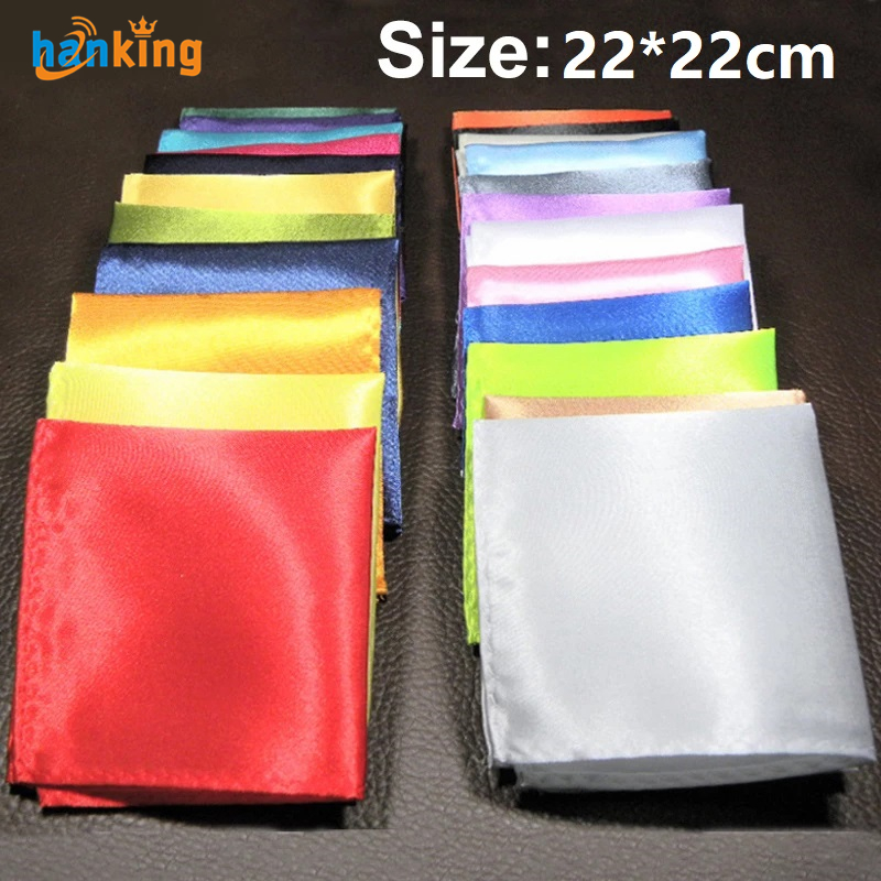 Men Satin Solid Color Cravats Plain Suits Pocket Square Hot Fashion Silk 22CM Wedding Party Handkerchief For Men Black Red Blue
