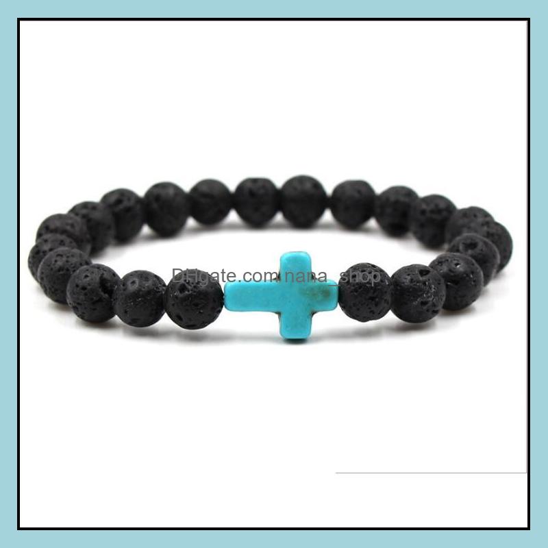 Charm Bracelets Natural Cross Black Lava Stone Beads Elastic Bracelet Essential Oil Diffuser Bracelets Volcanic Rock Bea Dhseller2010 Dhdbz