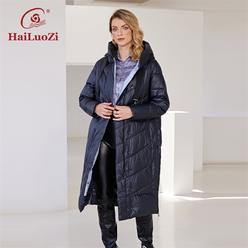 Womens Down Parkas HaiLuoZi Womens Winter Jacket Slanted placket Lengthen Warm Windproof Hooded Casual BioCotton Parka Women Coat 6032 220902