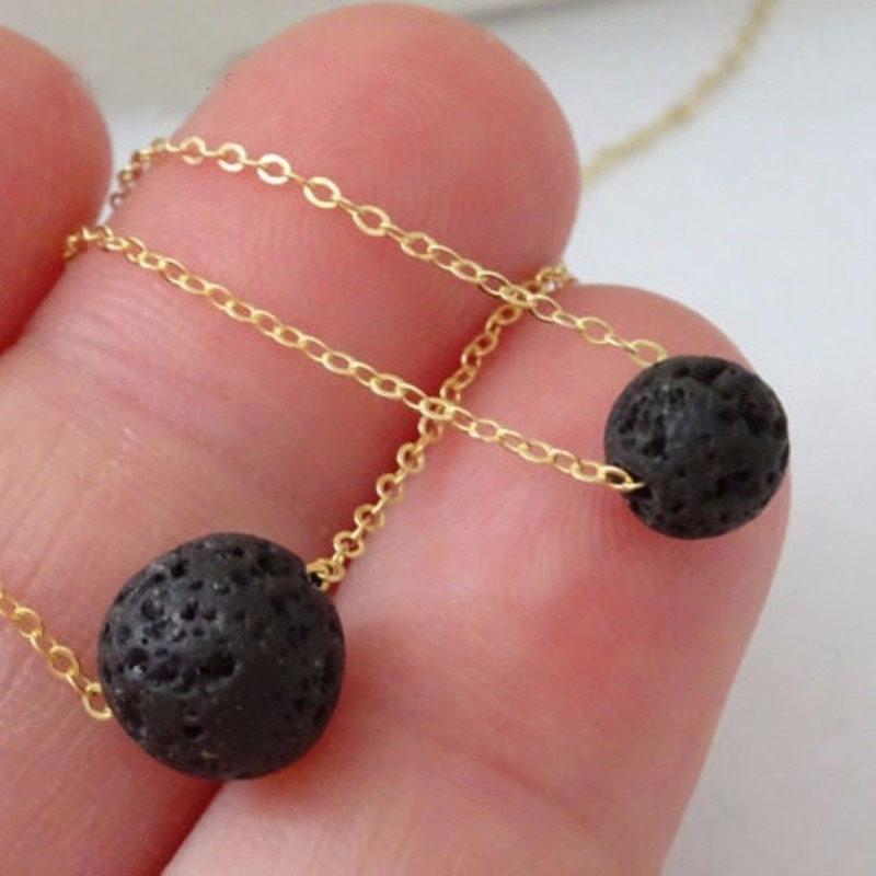 Natural Lava Volcanic Ball Necklace for Women Round Stone Double Layer Oil Diffuser Choker Necklaces Love Wish Jewelry Wholesale Factory Price Gold Si