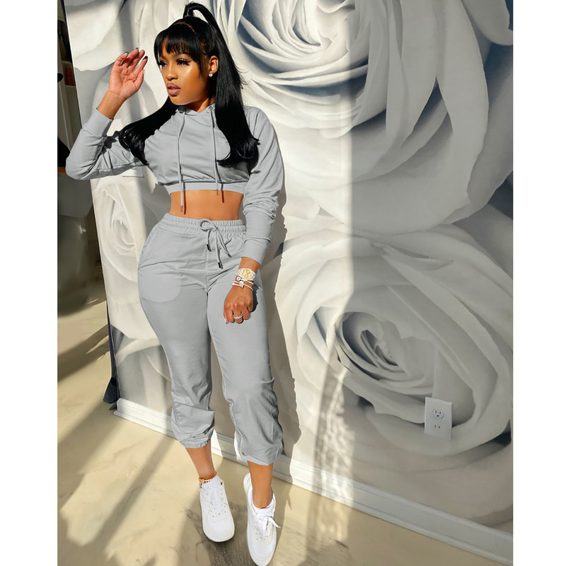 Women's Two Piece Pants Women Casual Sports Suits Autumn Female Fitness Workout Running Sets Long Sleeve Hoodies Crop TopSweatpants Plus Size XXL