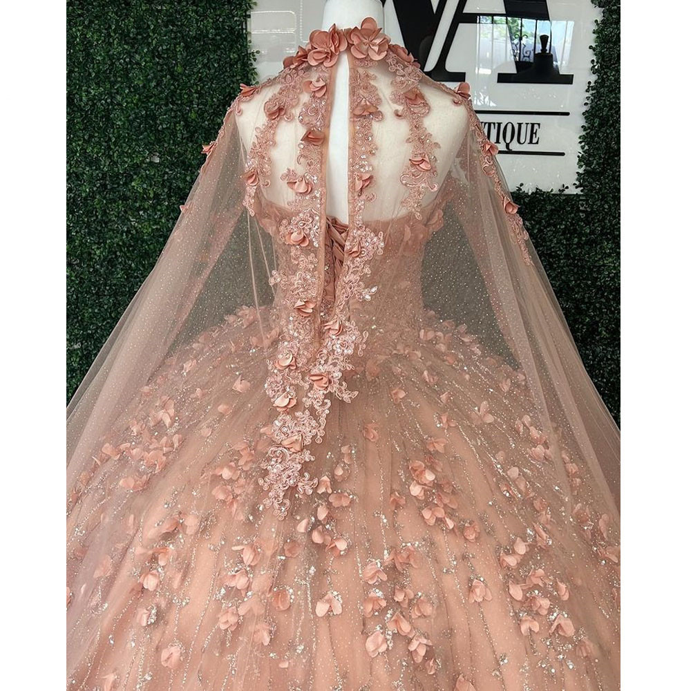 Blush Flower princess Quinceanera Dresses prom sweet 15 Party Formal 3D floral Lace-up corset Applqiue Cloak cape Birthday Gowns