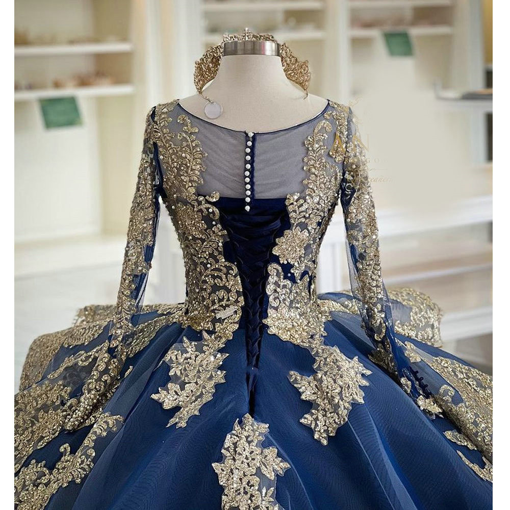 Royal Blue Long Sleeve Princess Quinceanera Dresses lace-up corset Gold Appliques Pearls Beading prom Sweet 16 Vestidos De 15 Anos