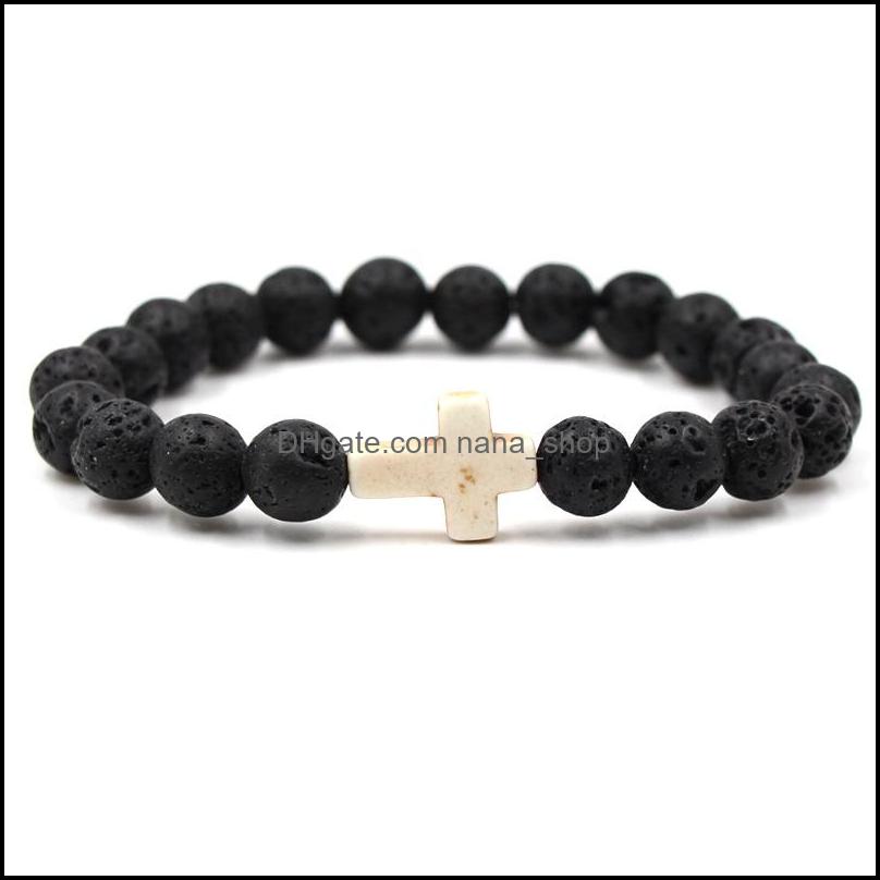 Charm Bracelets Natural Cross Black Lava Stone Beads Elastic Bracelet Essential Oil Diffuser Bracelets Volcanic Rock Bea Dhseller2010 Dhdbz