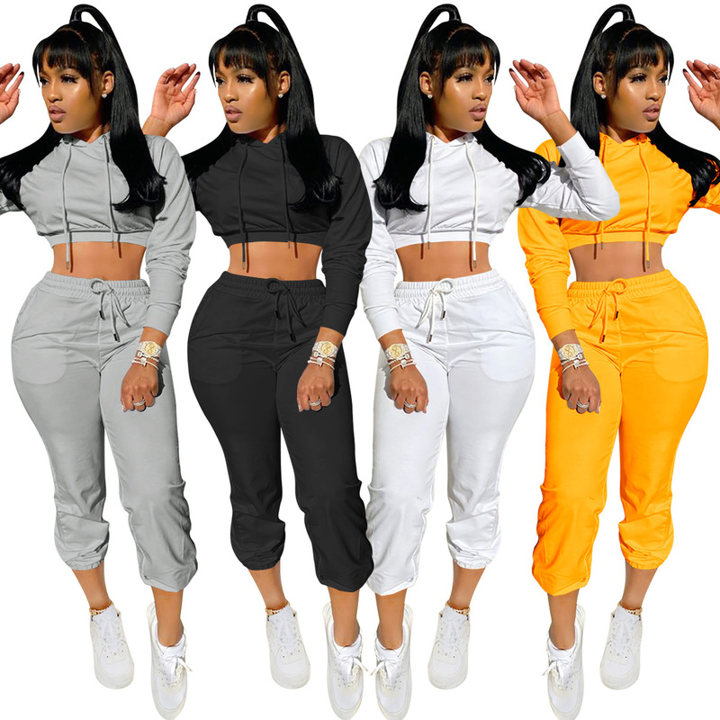 Women's Two Piece Pants Women Casual Sports Suits Autumn Female Fitness Workout Running Sets Long Sleeve Hoodies Crop TopSweatpants Plus Size XXL