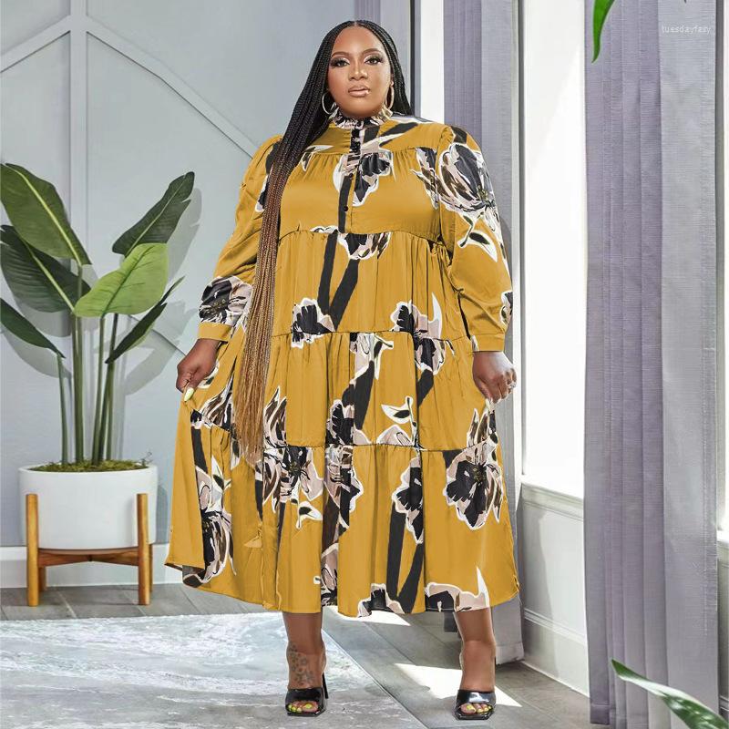 Plus Size Dresses Fashion Printing Long Sleeve Women Midi Dress Autumn Ruched Button Loose Clothing Office Ladies Casual Outfits Vestido, Yellow 
Plus Size Dresses Fashion Printing Long Sleeve Women Midi Dress Autumn Ruched Button Loose Clothing Office Ladies Casual Outfits Vestido, Yellow