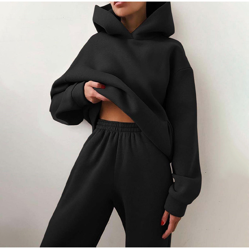 Women's Two Piece Pants Women Tracksuit Set Solid Long Sleeve Sport Suits Autumn Winter Warm Hooded Sweatshirts And Jogger Pants Fleece Two Piece