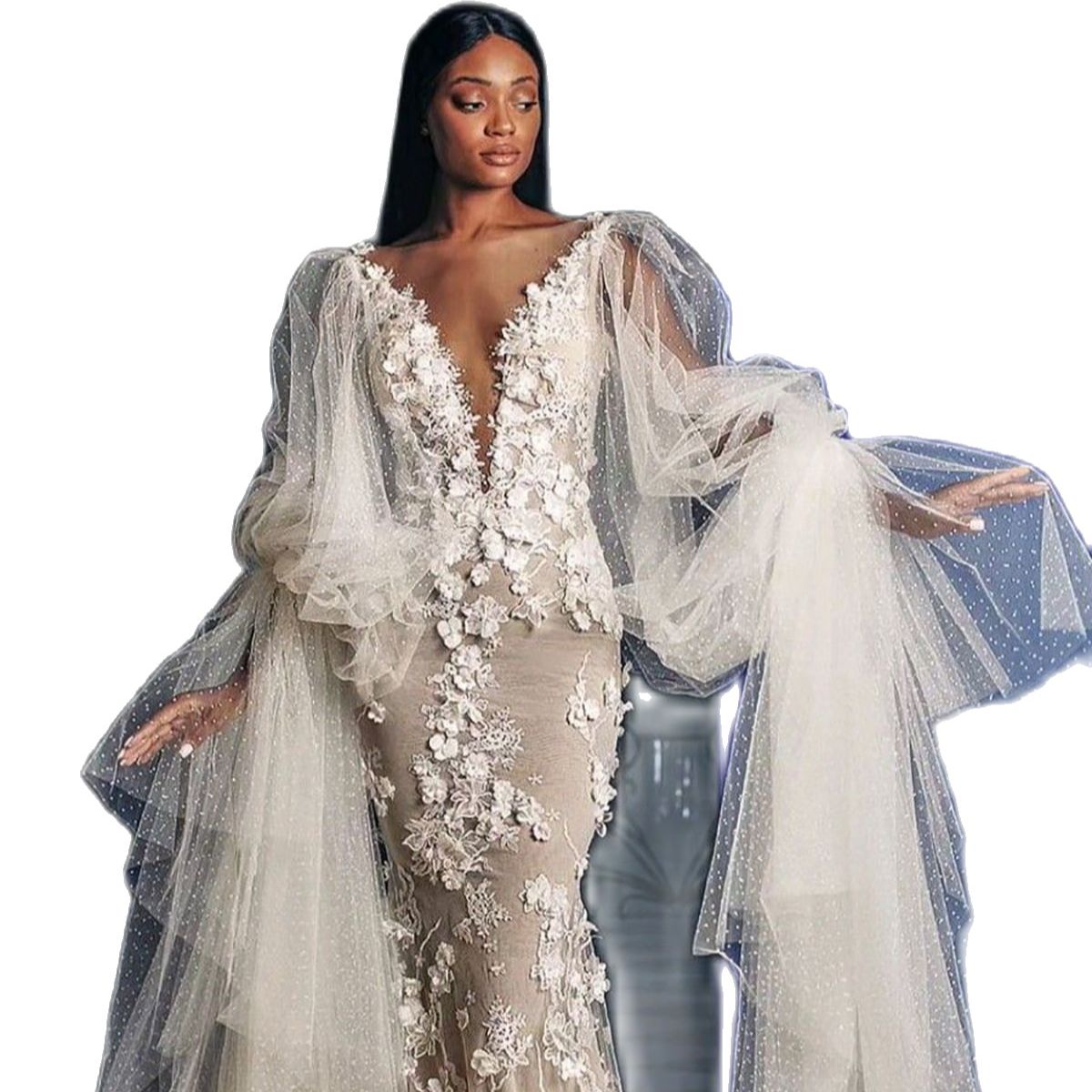 Sexy Deep V Neck Mermaid Wedding Dresses Floral Applique Bridal Gowns Custom Made Plus Size Illusion Full Sleeve Formal Dress