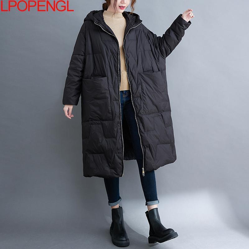 Womens Down Parkas Solid Color Lightweight White Duck Down Jacket Womens Winter Loose Long Overtheknee Cotton Hooded Jacket Trendy 220902