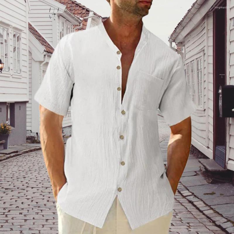 Men's Casual Shirts Short Sleeve Button Up Simple Men Shirt Solid Color Single Breasted Breathable Loose-fitting Cotton Linen Top