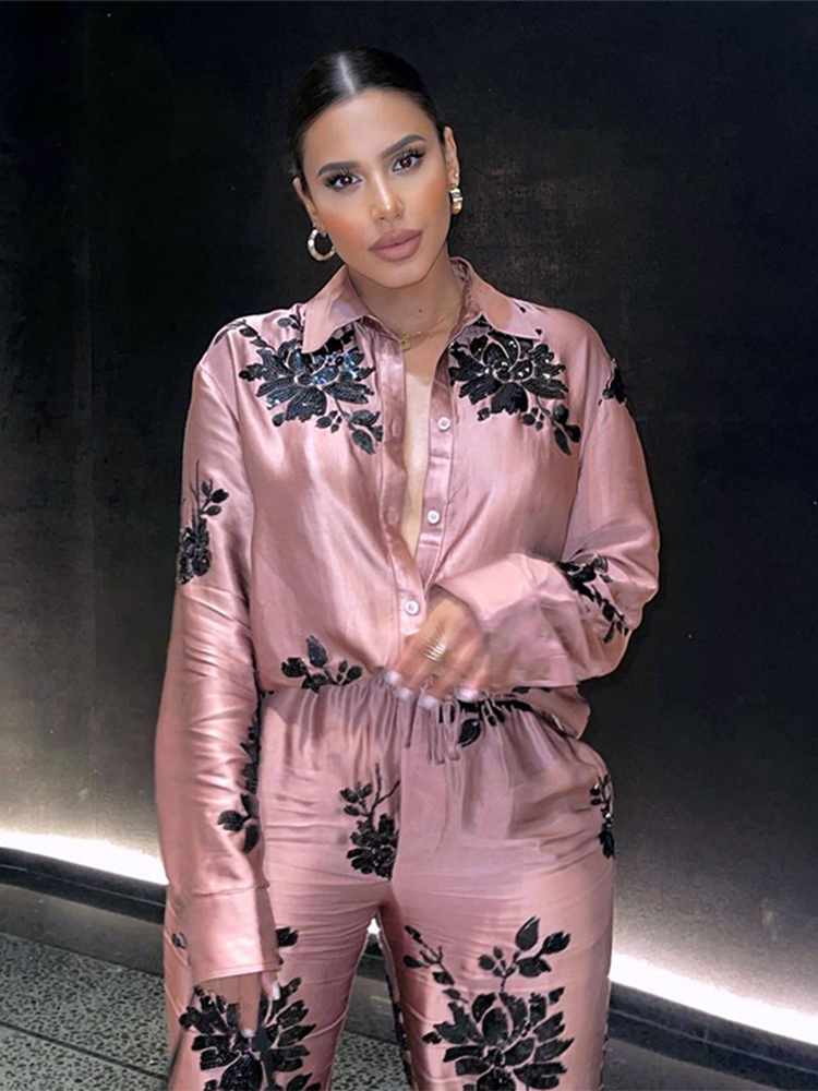 Womens Two Piece Pants Woman 2 Pieces Shirts Pants Suit Fashion Printed Blouses Tops Straight Trousers Set Female Casual Single Breasted Shirt 220902