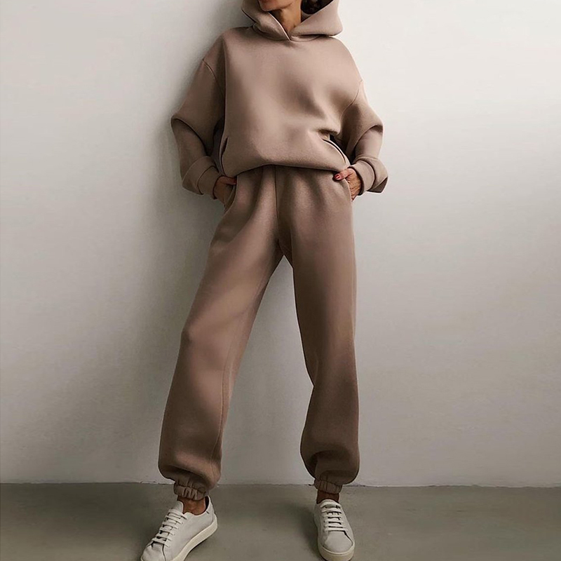 Women's Two Piece Pants Women Tracksuit Set Solid Long Sleeve Sport Suits Autumn Winter Warm Hooded Sweatshirts And Jogger Pants Fleece Two Piece