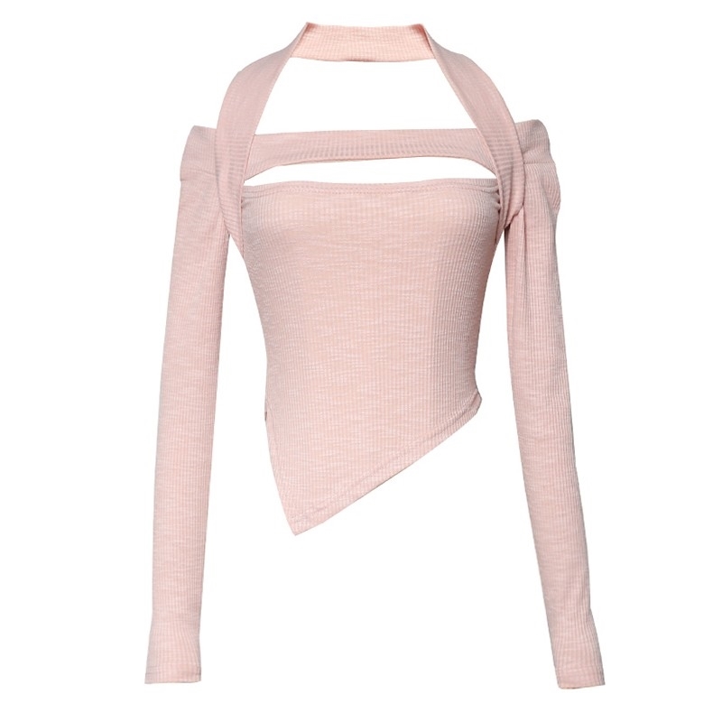 Womens T Shirt Tonngirls Sexy Women Tshirt Knit Long Sleeve Tops Hollow Halter Slim Irregular T Shirt Solid Autumn Winter Tee Tops Streetwear 220902