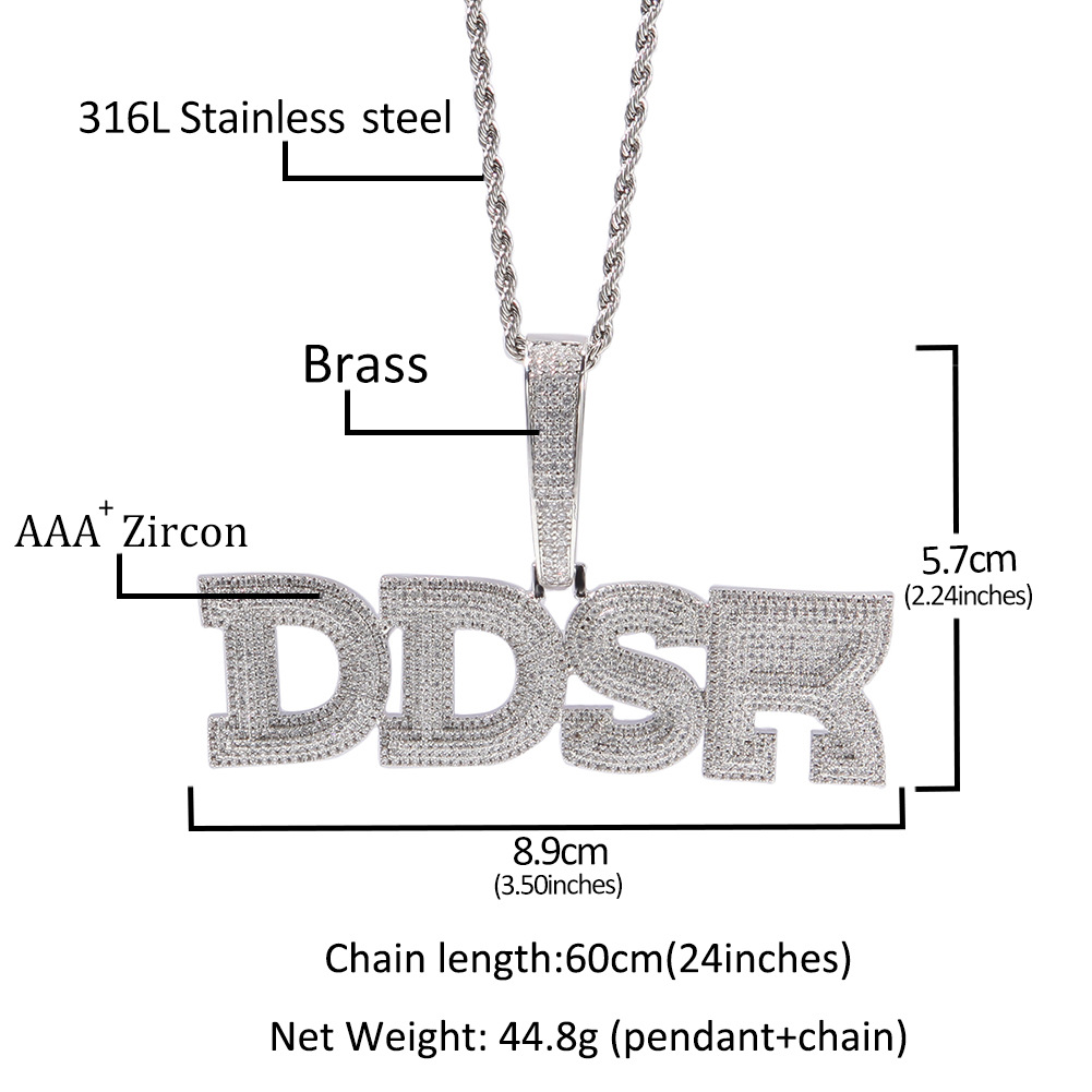 TopBling Hip Hop A-Z Custom Letters Pendant Necklaces Jewelry Bling Three Rows Zircon 18K Real Gold Plated