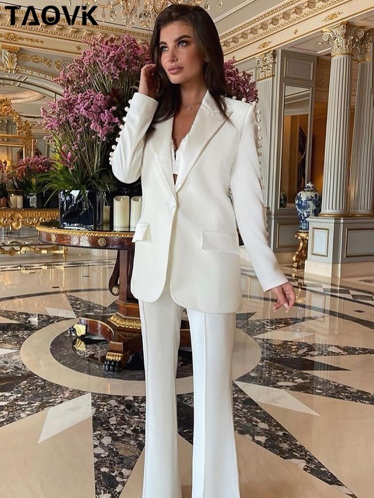 Womens Two Piece Pants TAOVK Womens Blazer Suit Vintage Pearls Beading Jackets with pant Office Outwear Streetwear 2 piece set 220902