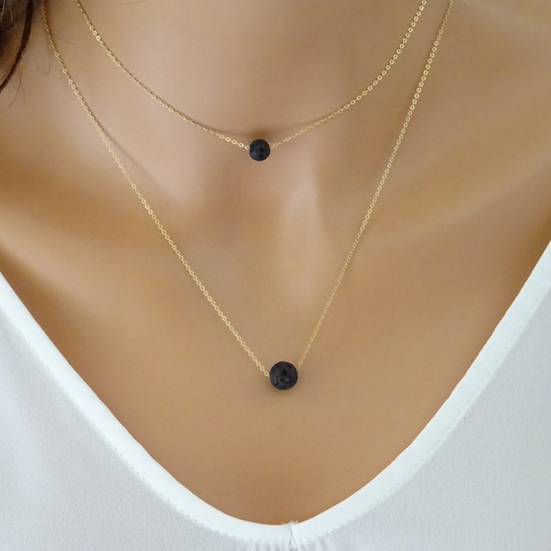 Natural Lava Volcanic Ball Necklace for Women Round Stone Double Layer Oil Diffuser Choker Necklaces Love Wish Jewelry Wholesale Factory Price Gold Si