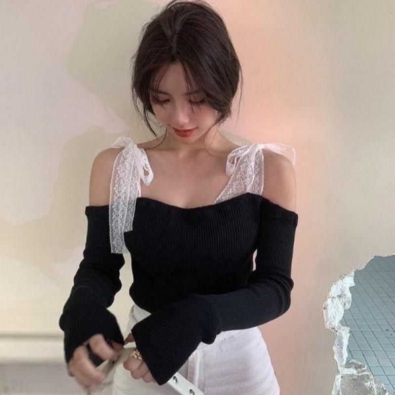 Womens T Shirt Tonngirls Slash Neck Lace Womens T Shirt Sweet Off Shoulder Long Sleeve Crop Tops T Shirt Spring Harajuku Tees Korean 220902
