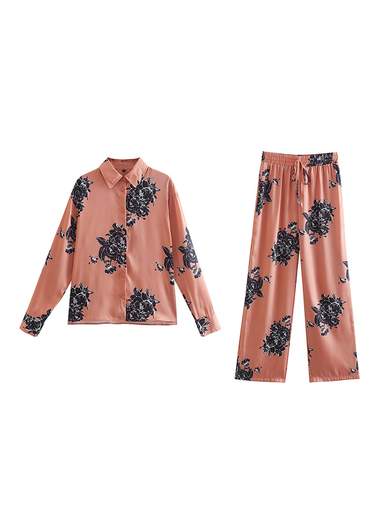 Womens Two Piece Pants Woman 2 Pieces Shirts Pants Suit Fashion Printed Blouses Tops Straight Trousers Set Female Casual Single Breasted Shirt 220902