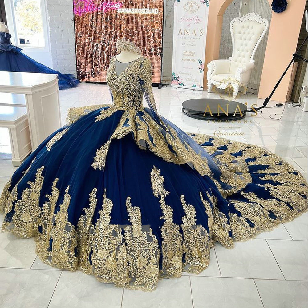 Royal Blue Long Sleeve Princess Quinceanera Dresses lace-up corset Gold Appliques Pearls Beading prom Sweet 16 Vestidos De 15 Anos