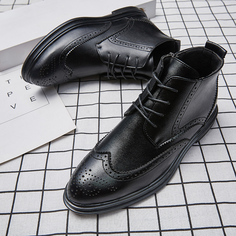 Bullock Ankle Boots Men Shoes Solid Color Carved Round Toe Lace Up Classic PU Stitching Fashion Casual Street Daily AD108