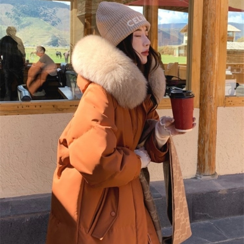 Womens Down Parkas Winter High Quality Fur Collar Long Padded Coat For Women Thick Warm Overcoat Female Loose Pocket Zipper Outerwear 220902