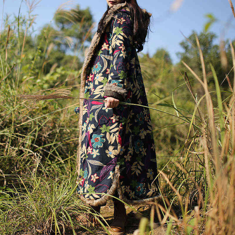 Women's Down Parkas Ethnic Style Winter Coat Fur Collar Long Dust Coat Windbreaker Cotton Linen Vintage Cotton Padded Clothes Jaqueta Feminina f1