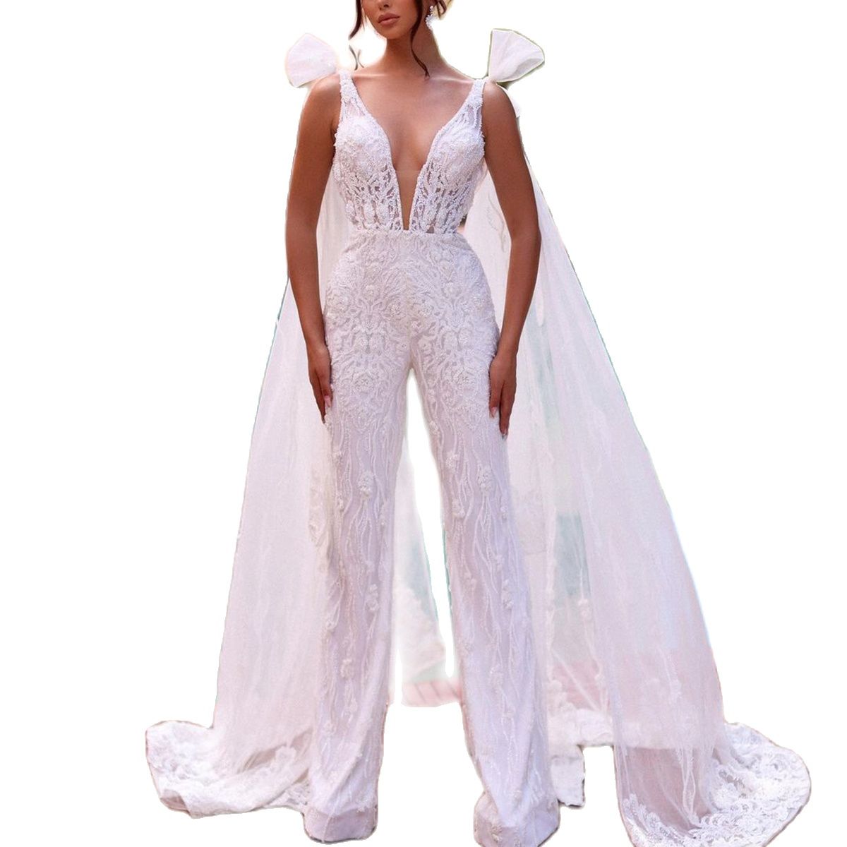 Sexy White Wedding Dress Deep V Neck Lace Backless Jumpsuits Gowns Plus Size New Designed Custom Made Bridal Dresses